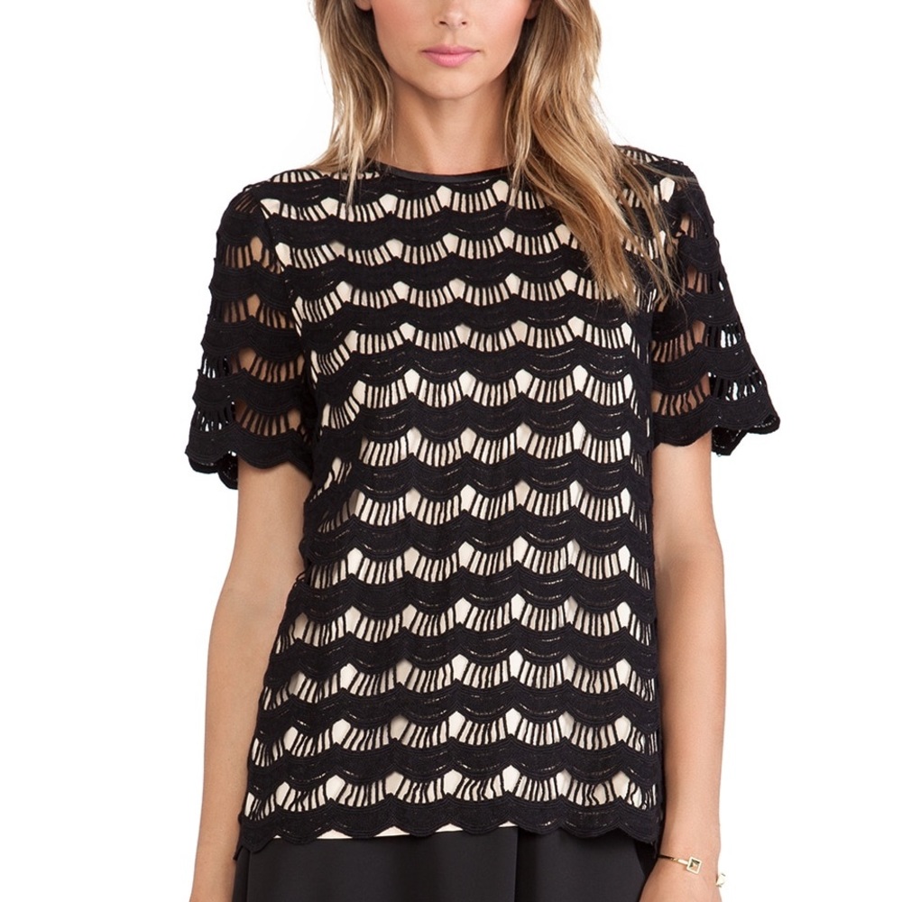 Kate Spade Black Scallop Lace Overlay Top, Crochet, 4 - Office or Holiday